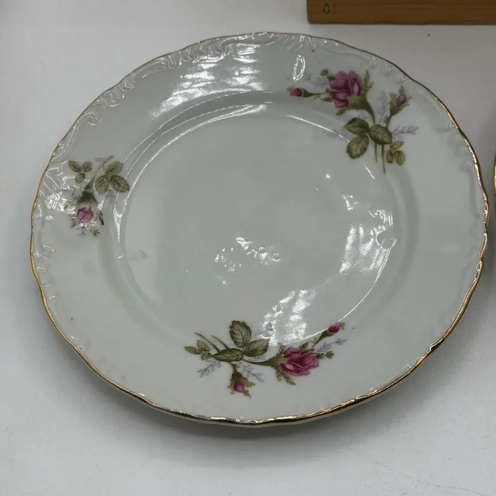 Vintage Pink Rose Porcelain Saucer / Dessert Plates with Gold Trim – Set of 5